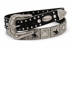 ATLAS Crystal Western Belt Black Leather Rhinestone Cowboy Belt Size Medium